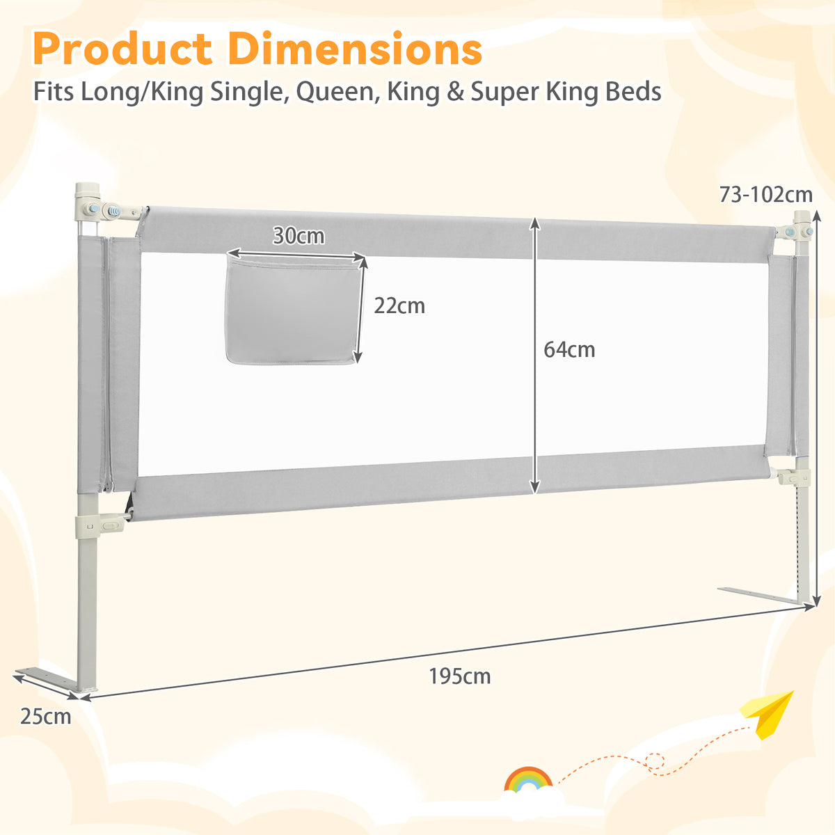Grey Toddler Bed Rail 195cm | Double Lock & Storage Pocket