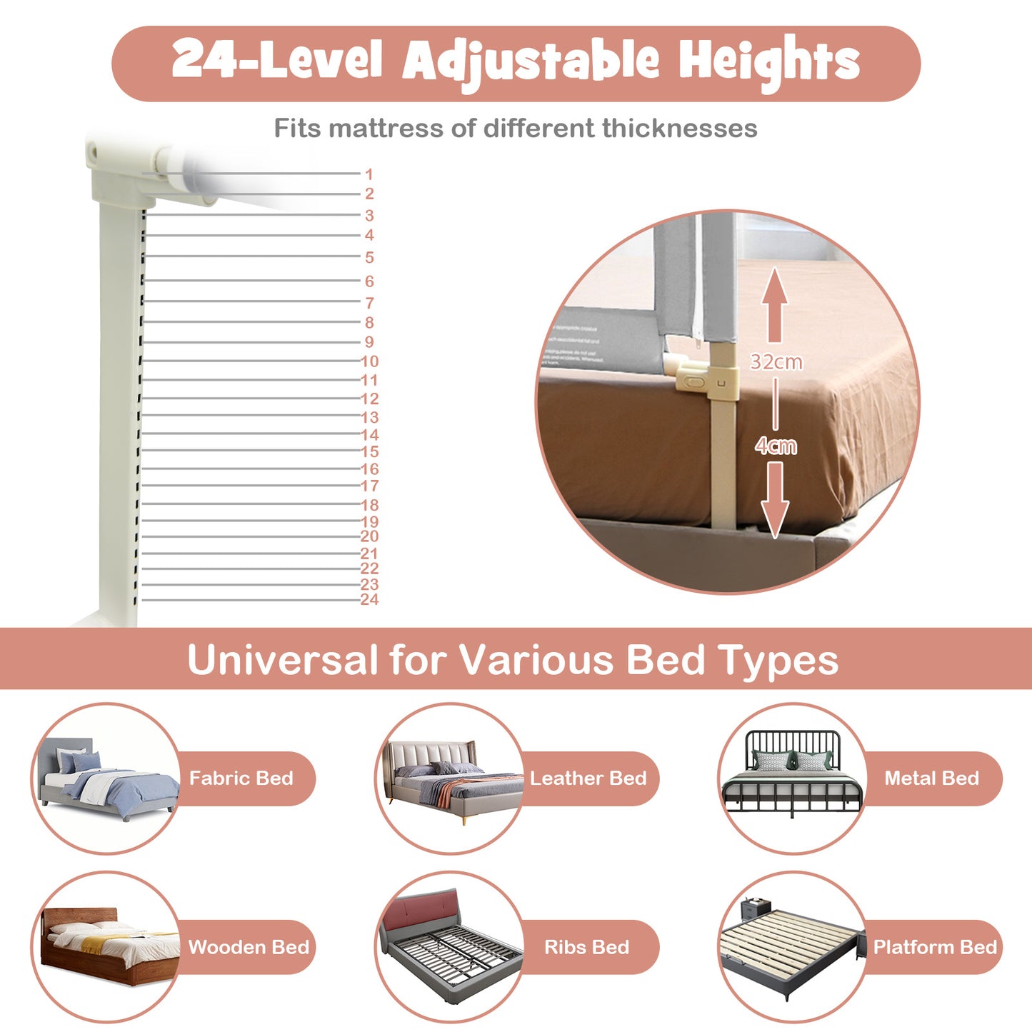 195cm Grey Mesh Bed Rail | Height Adjustable Double Lock Toddler
