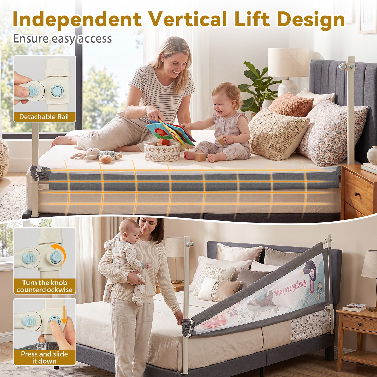 195cm Dark Grey Mesh Bed Rail | Height Adjustable for Toddlers