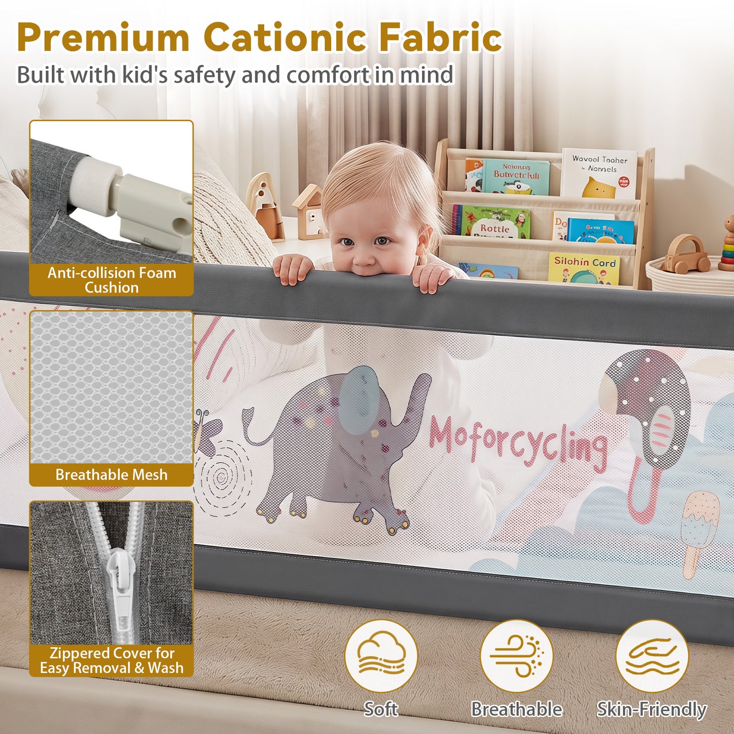 195cm Dark Grey Mesh Bed Rail | Height Adjustable for Toddlers