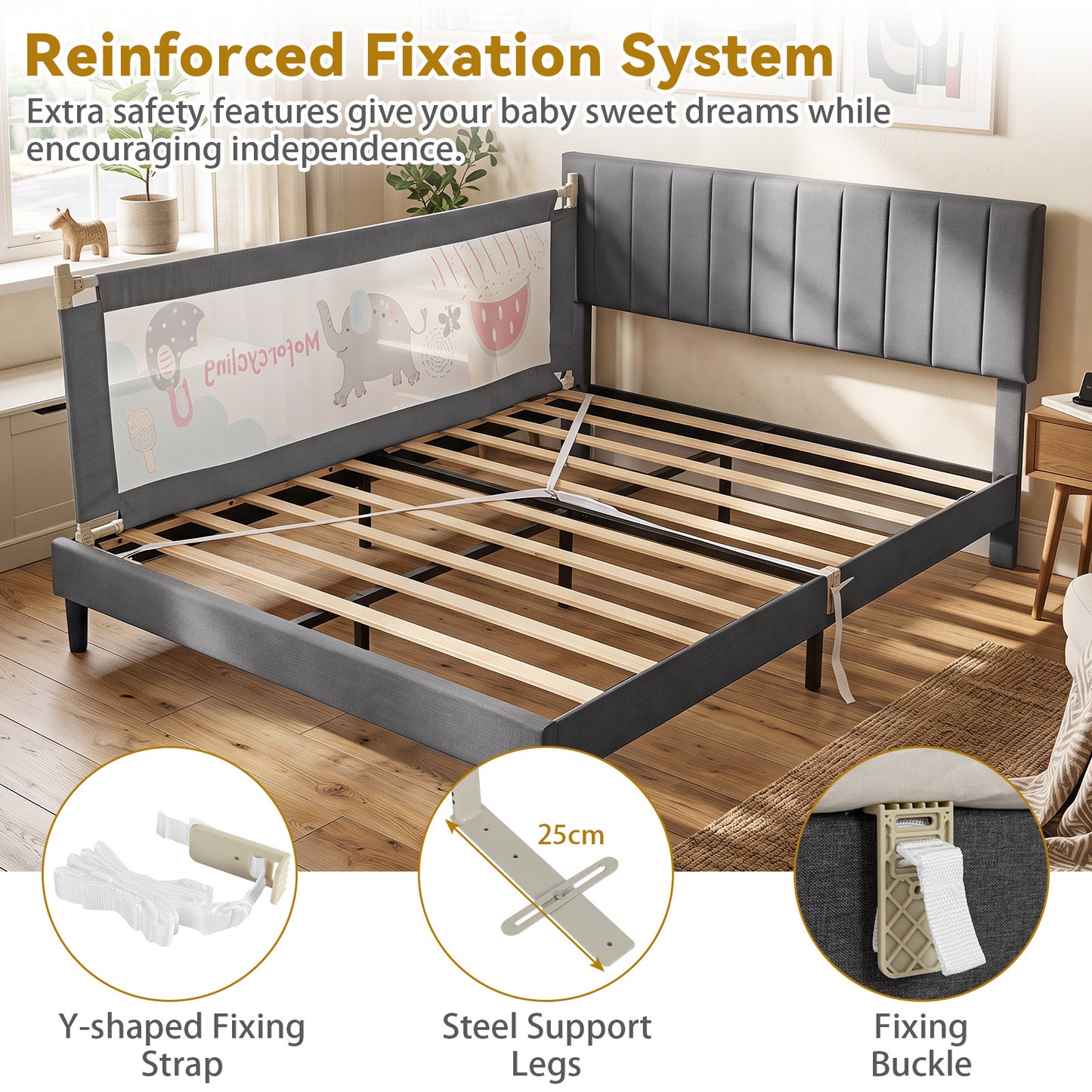 195cm Dark Grey Mesh Bed Rail | Height Adjustable for Toddlers