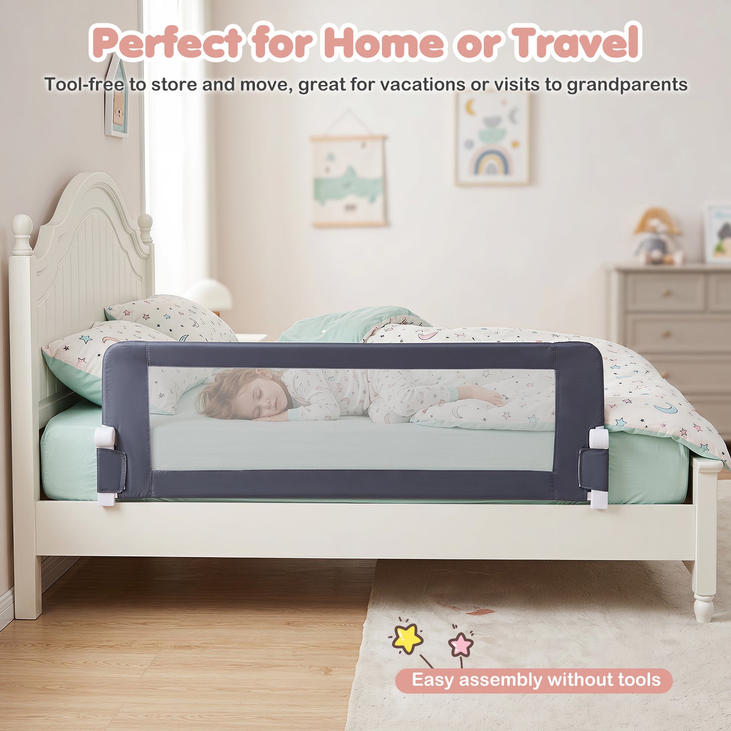 153cm Foldable Toddler Bed Rail | 50cm Tall Grey Guard