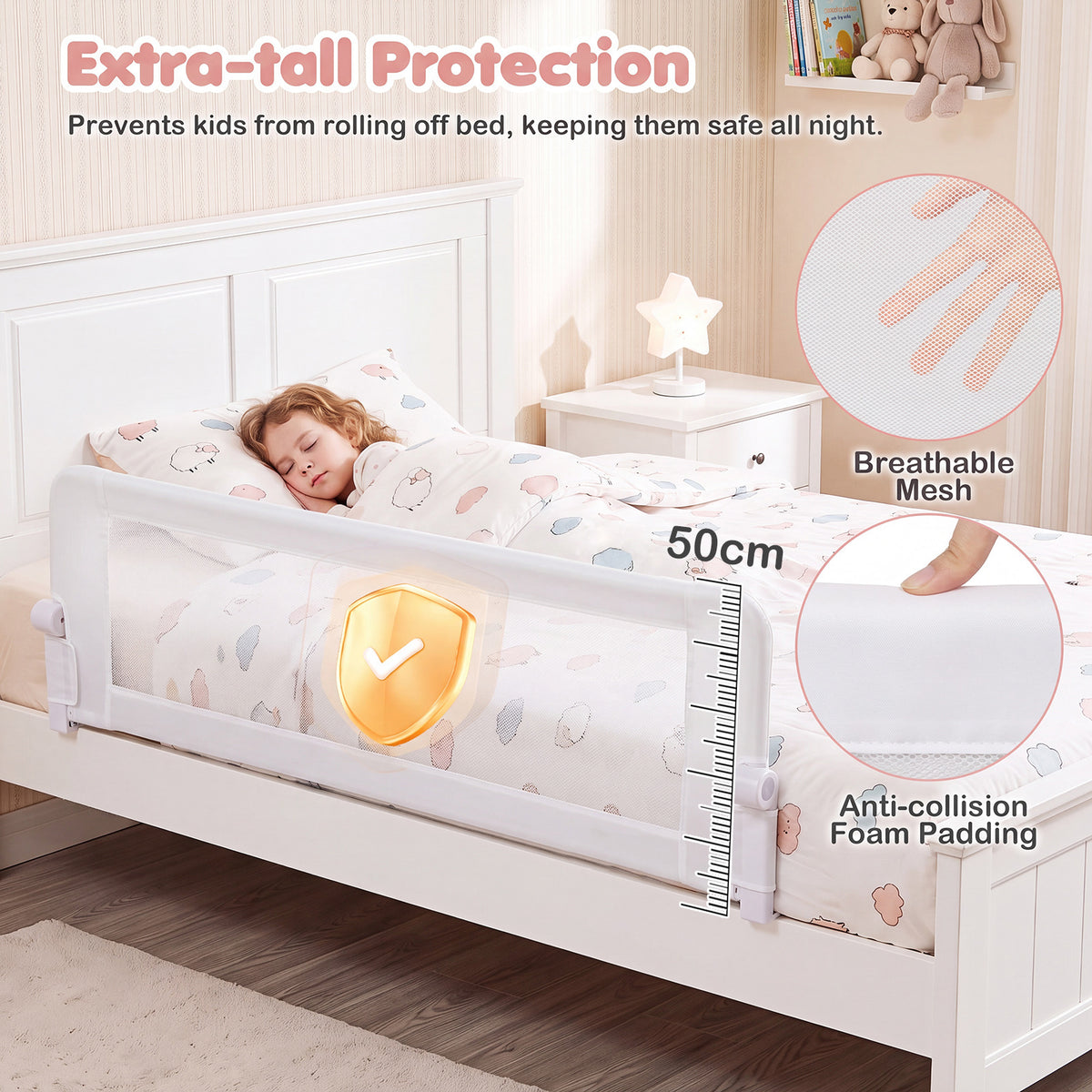 White Foldable Bed Rail | 153cm Long 50cm Extra Tall Toddler Guard