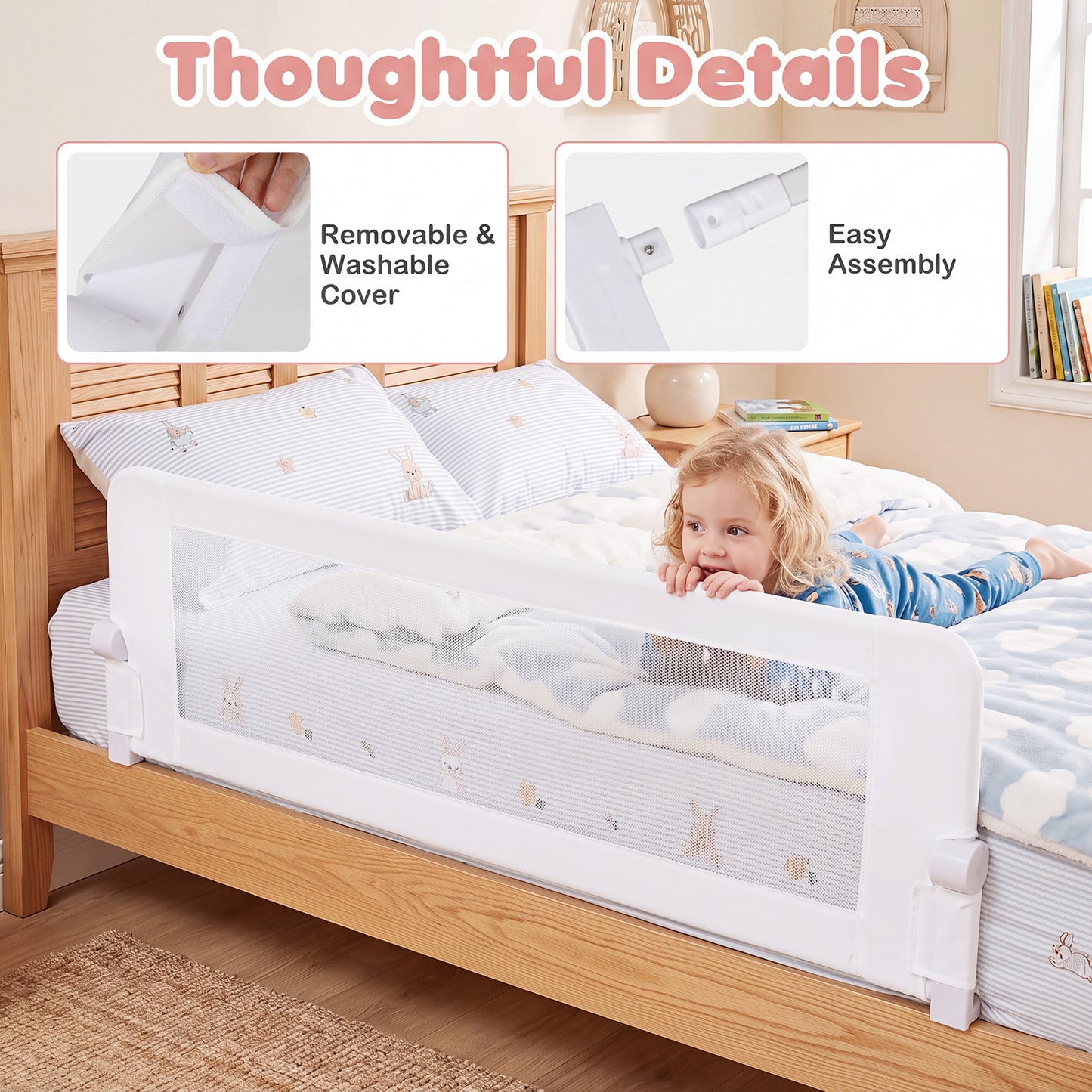 White Foldable Bed Rail | 153cm Long 50cm Extra Tall Toddler Guard