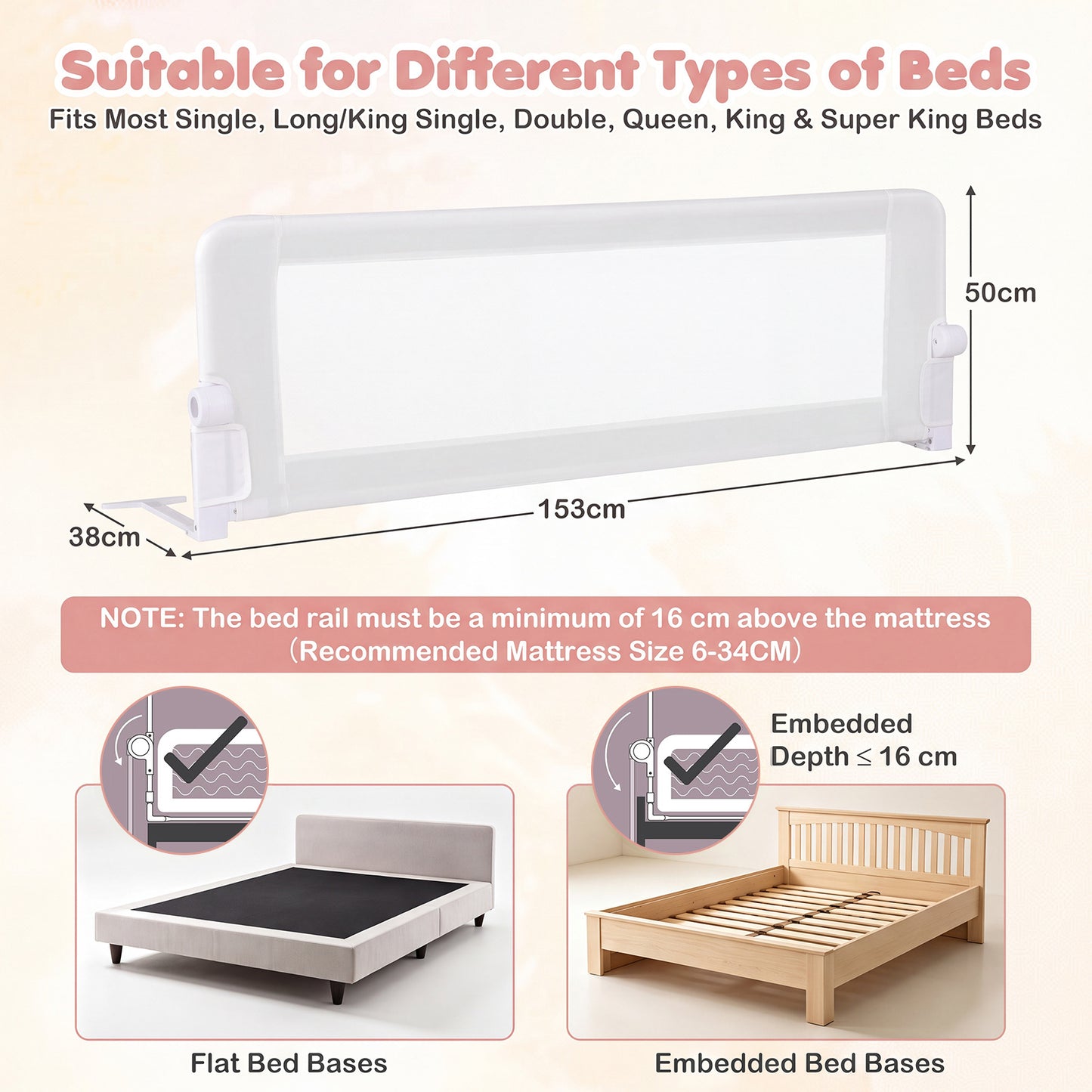 White Foldable Bed Rail | 153cm Long 50cm Extra Tall Toddler Guard
