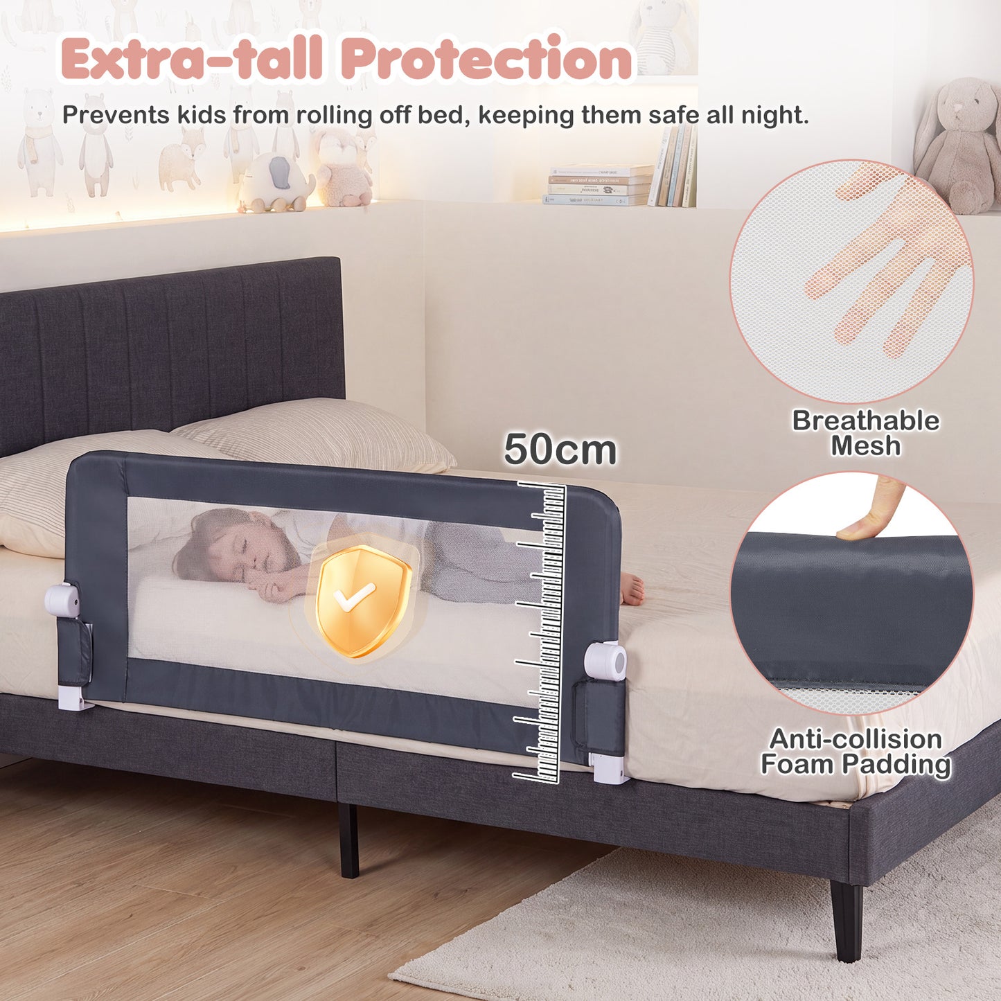 Foldable Grey Bed Rail | 120cm Long 50cm Tall Mesh Guard
