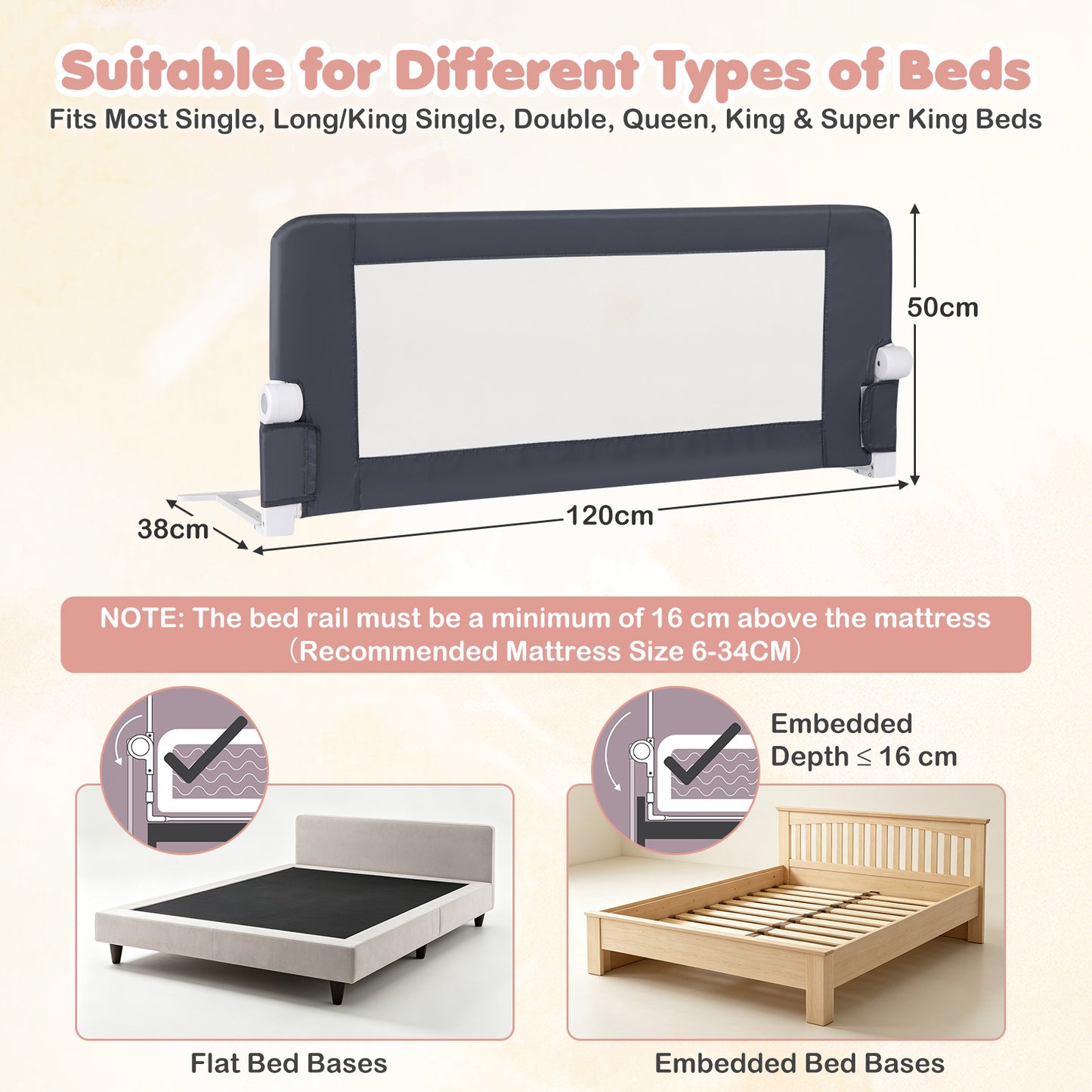 Foldable Grey Bed Rail | 120cm Long 50cm Tall Mesh Guard