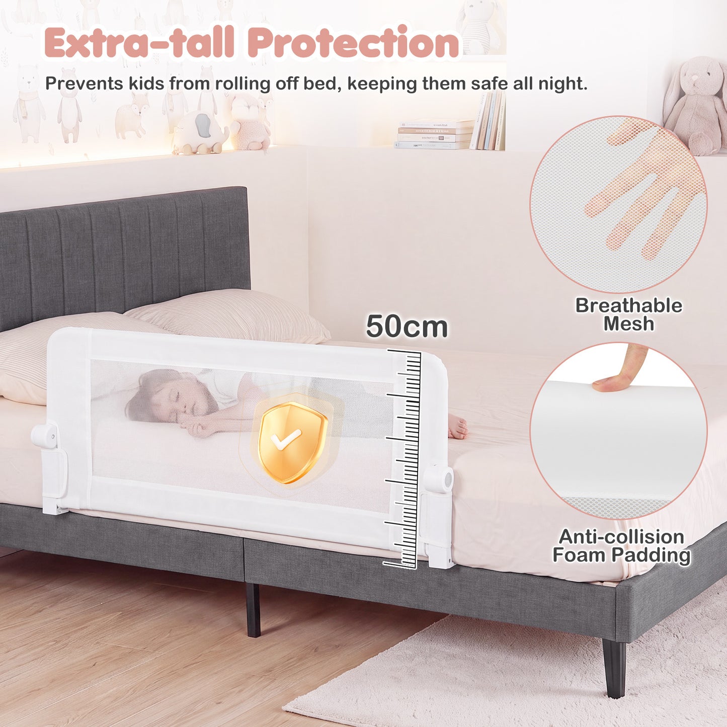 Foldable White Bed Rail | 120cm Long 50cm Tall Mesh Guard