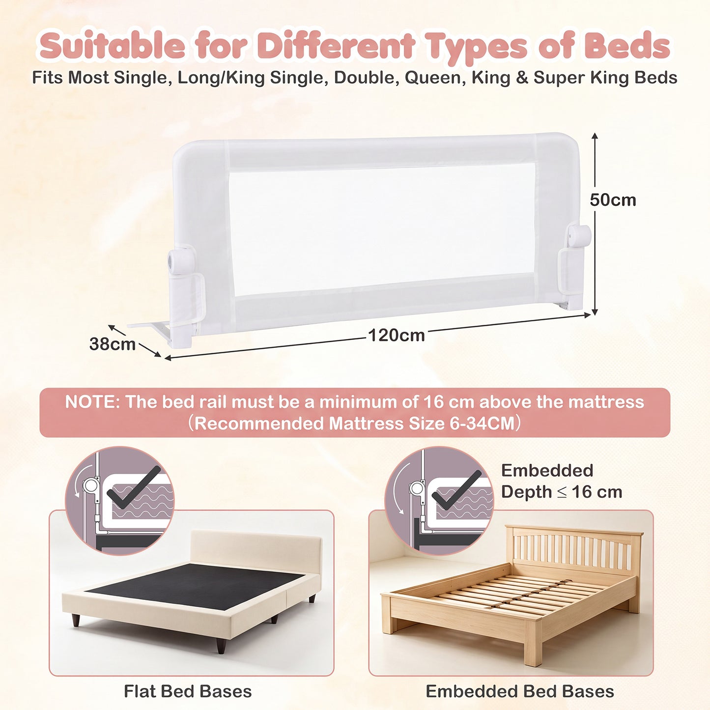 Foldable White Bed Rail | 120cm Long 50cm Tall Mesh Guard
