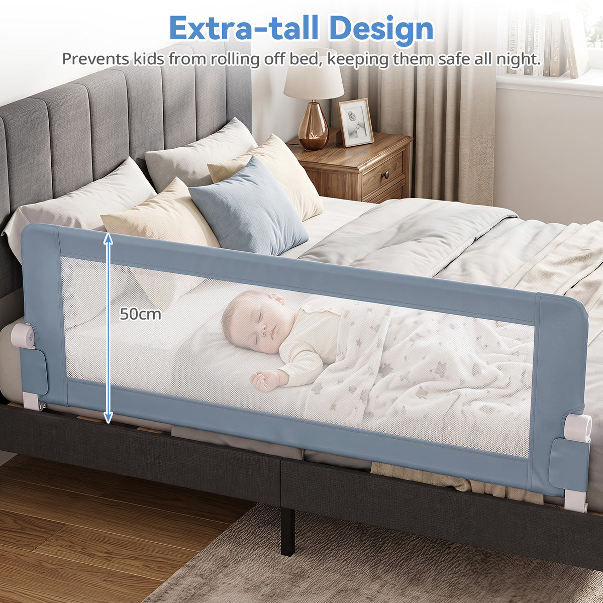 Grey Foldable Baby Bed Rail Guard 180cm | Swing Down Design