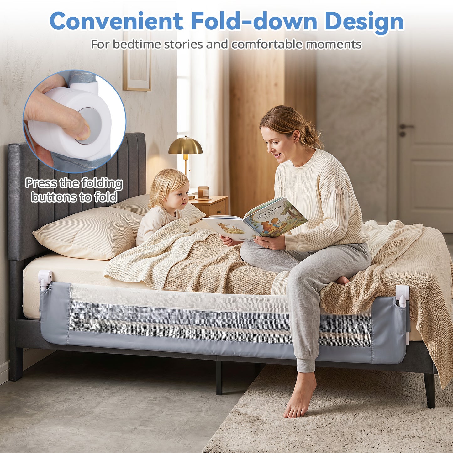 Grey Foldable Baby Bed Rail Guard 180cm | Swing Down Design