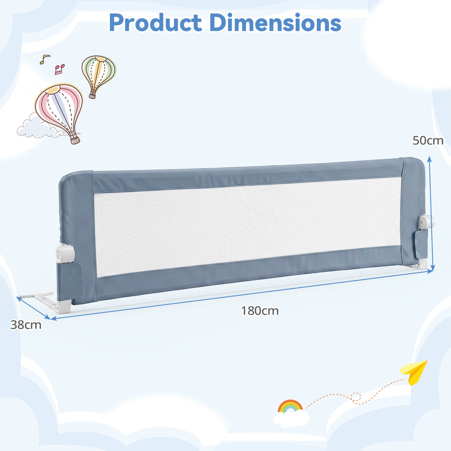 Grey Foldable Baby Bed Rail Guard 180cm | Swing Down Design