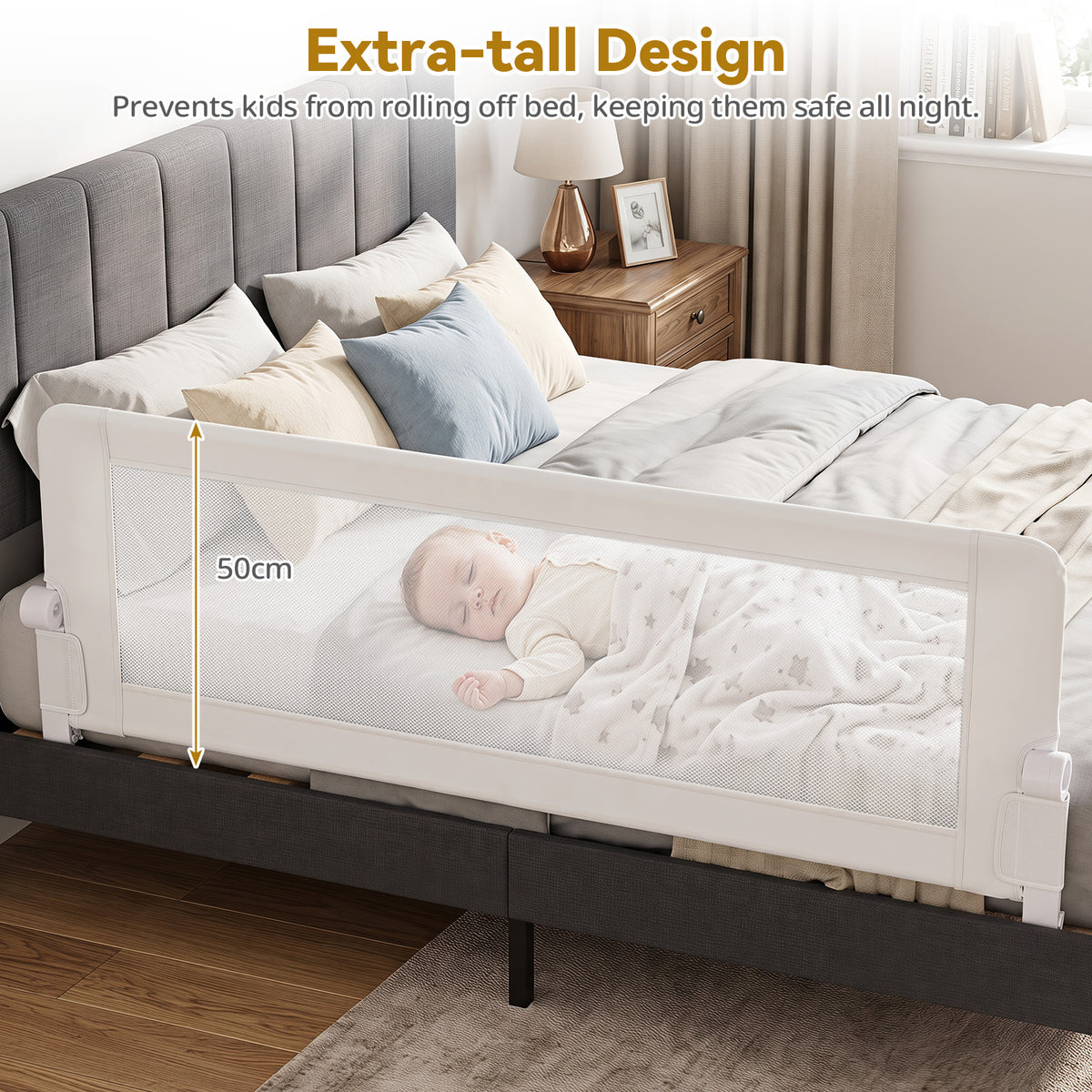 White Foldable Baby Bed Rail Guard 180cm | Swing Down Design