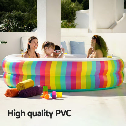 Colorful Rainbow Inflatable Kids Pool with Cup Holders, 206cm for fun, cooling summer days.