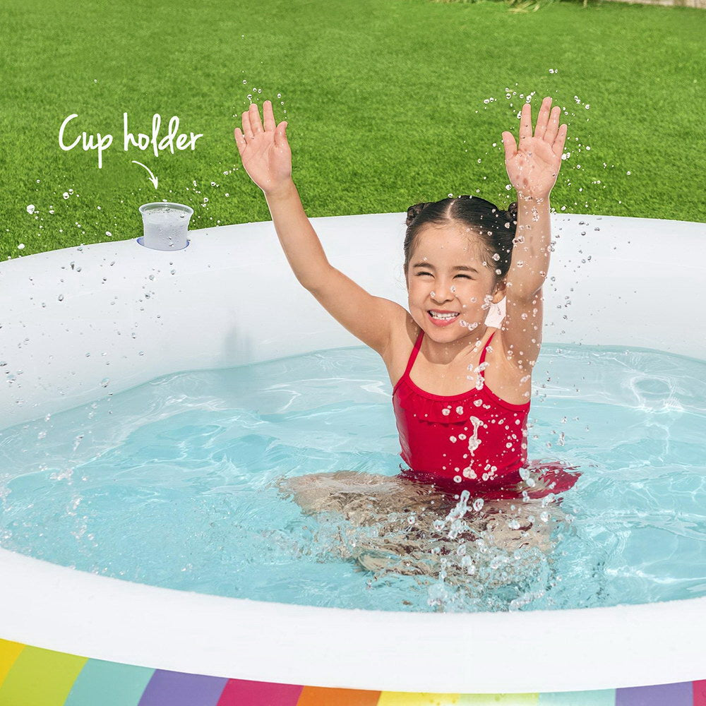 Colorful 206cm inflatable kids pool with convenient cup holders for summer fun at home