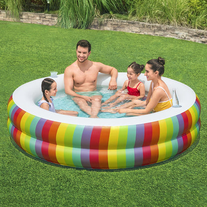 Colorful 206cm inflatable kids pool with cup holders for fun water play at home.