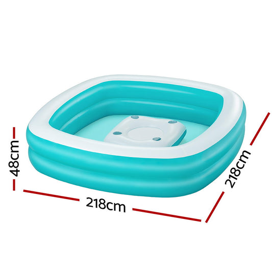 Family inflatable pool with console & cup holders for kids outdoor fun and relaxation.