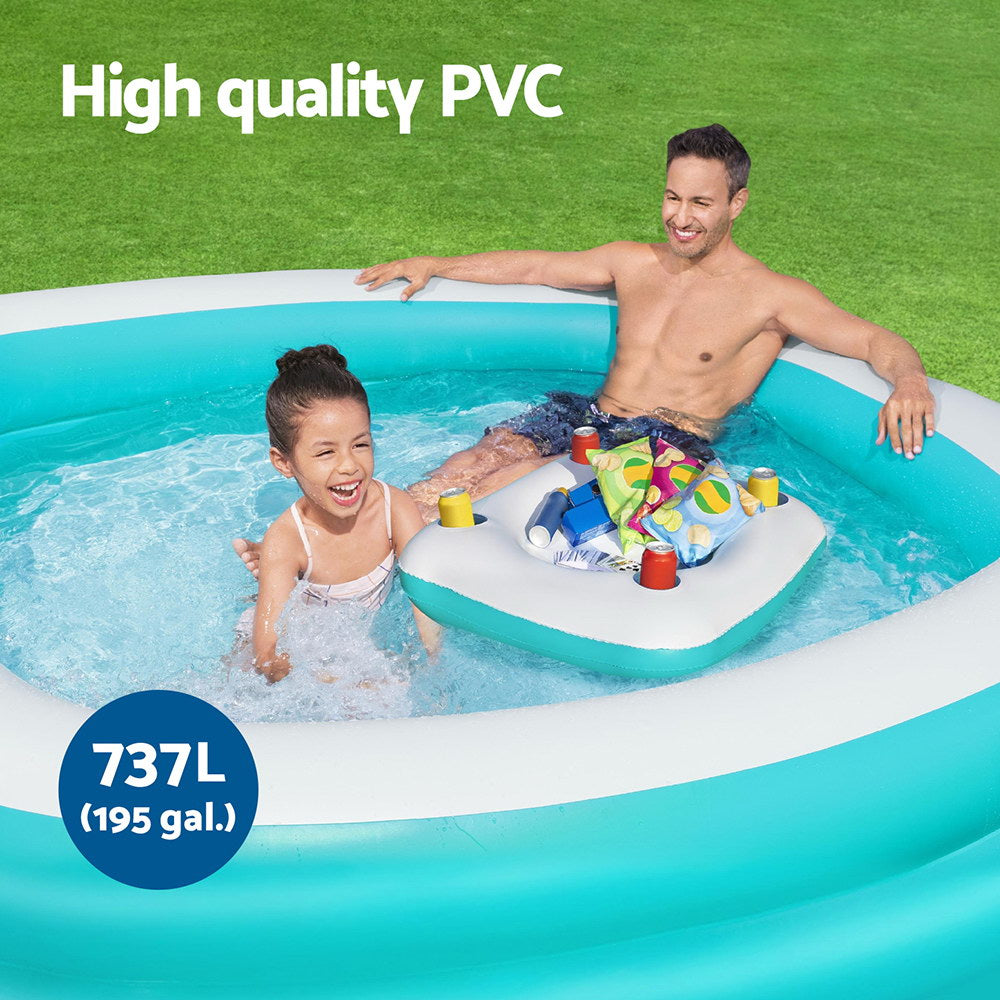 Inflatable family pool ideal for kids with built-in console and cup holders.