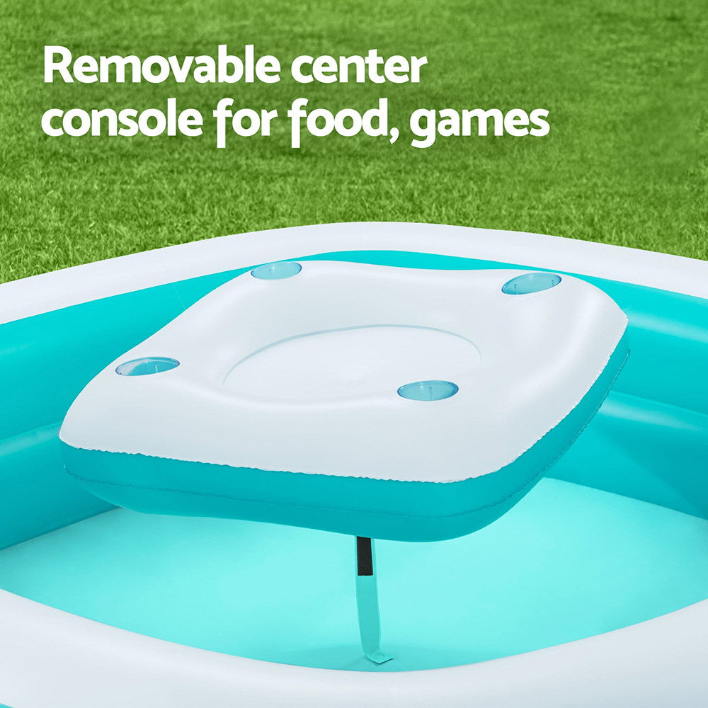 Family inflatable pool with console & cup holders, perfect for kids summer backyard fun.