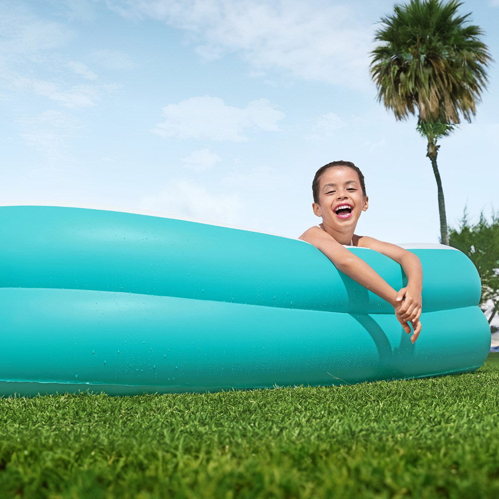 Family inflatable pool with console and cup holders, perfect for kids summer backyard fun.