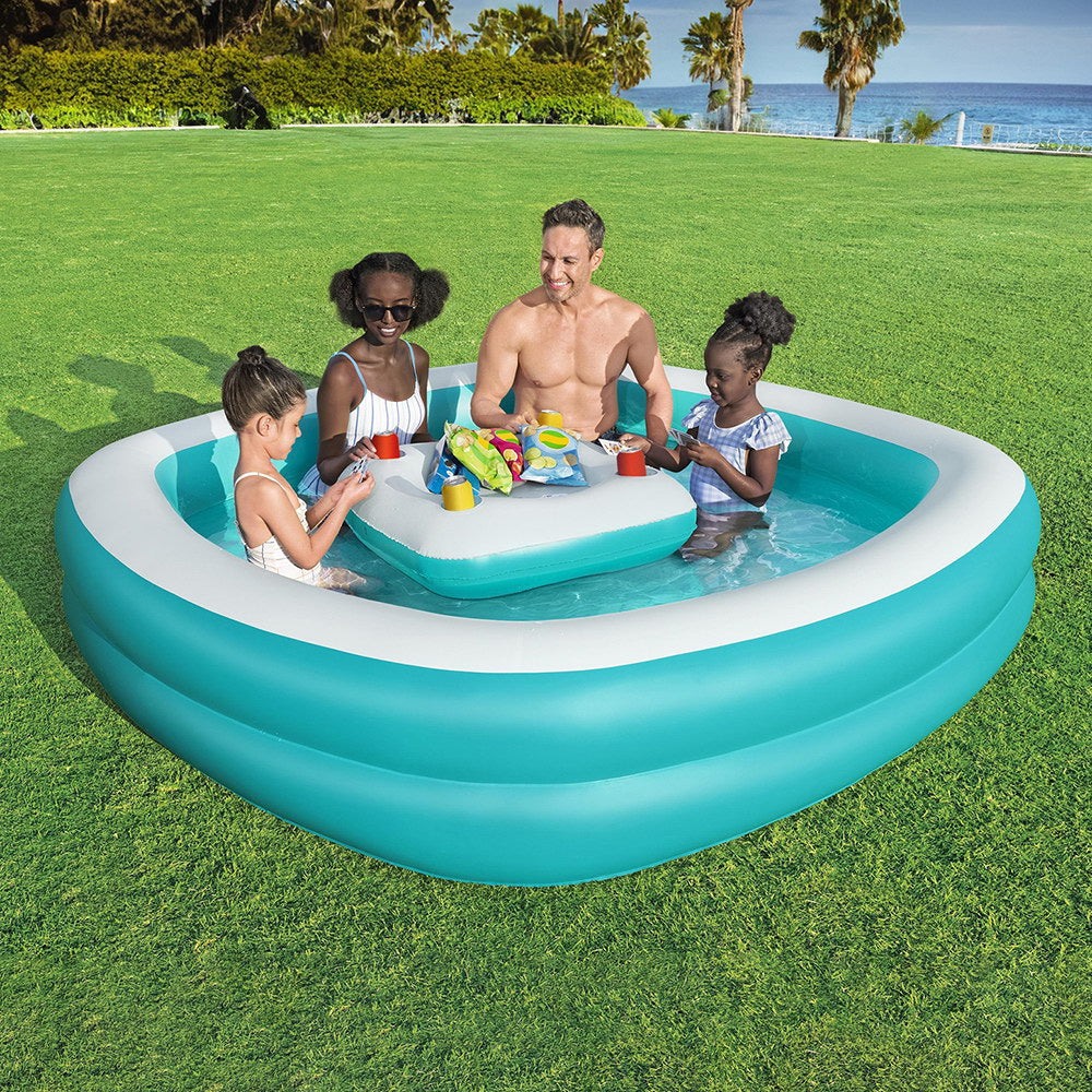 Family pool with console & cup holders for kids summer fun at home.