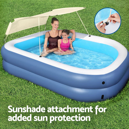 Inflatable kids pool with sunshade for safe and fun water play at home.