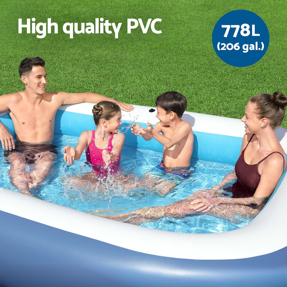 Inflatable kids pool with sunshade for outdoor fun, sized 254x178cm - perfect summer playtime