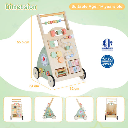 Colorful Wooden Baby Push Walker | 10 Activities & Storage