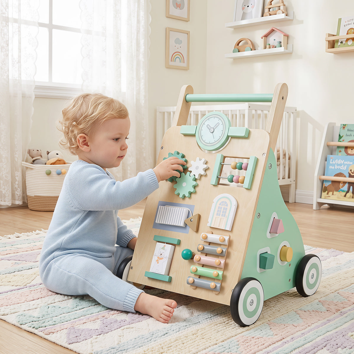 Green Baby Push Walker | Activity Center With Blocks & Wheels