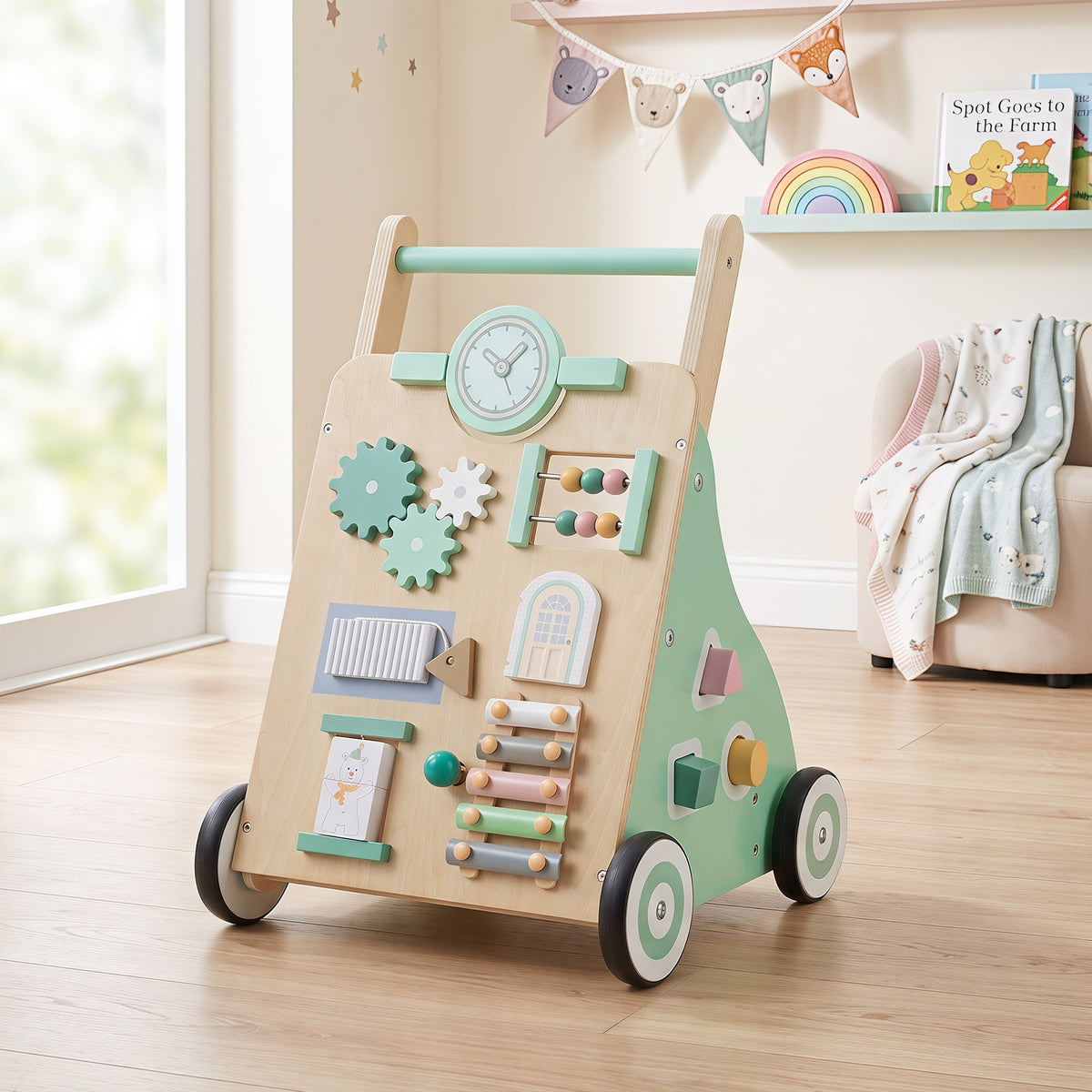 Green Baby Push Walker | Activity Center With Blocks & Wheels