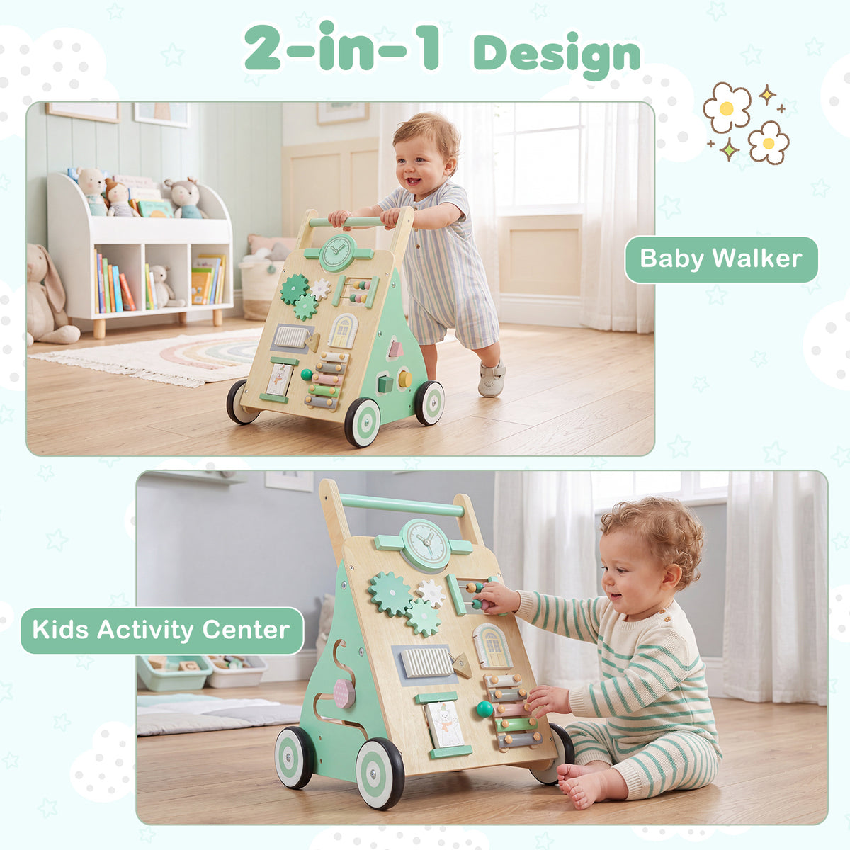 Green Baby Push Walker | Activity Center With Blocks & Wheels