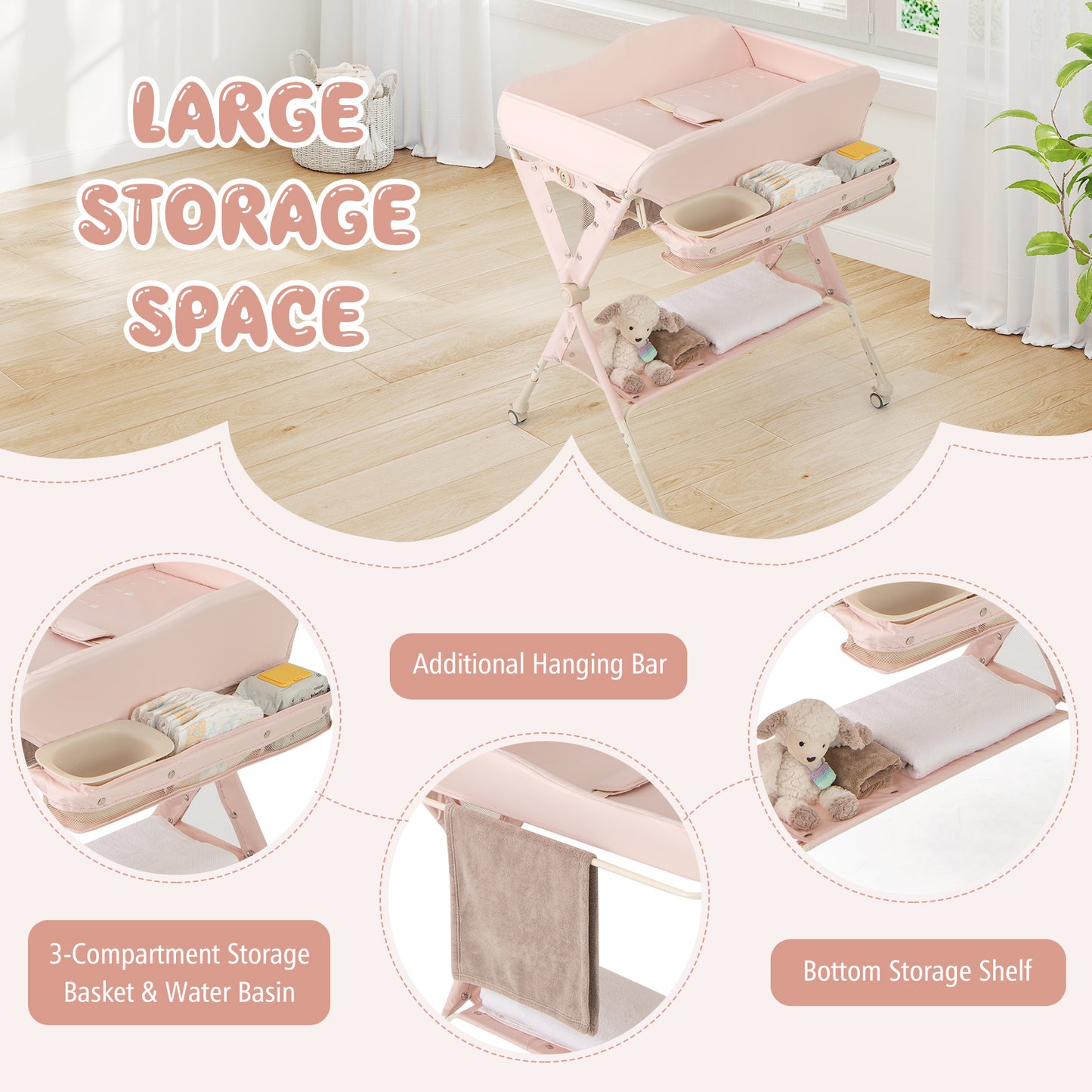 Pink Foldable Baby Changing Table | 3 Height Adjustable Wheels