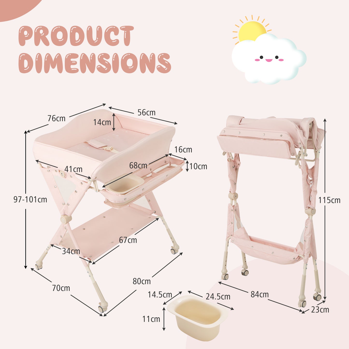 Pink Foldable Baby Changing Table | 3 Height Adjustable Wheels