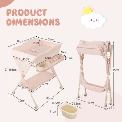 Pink Foldable Baby Changing Table | 3 Height Adjustable Wheels