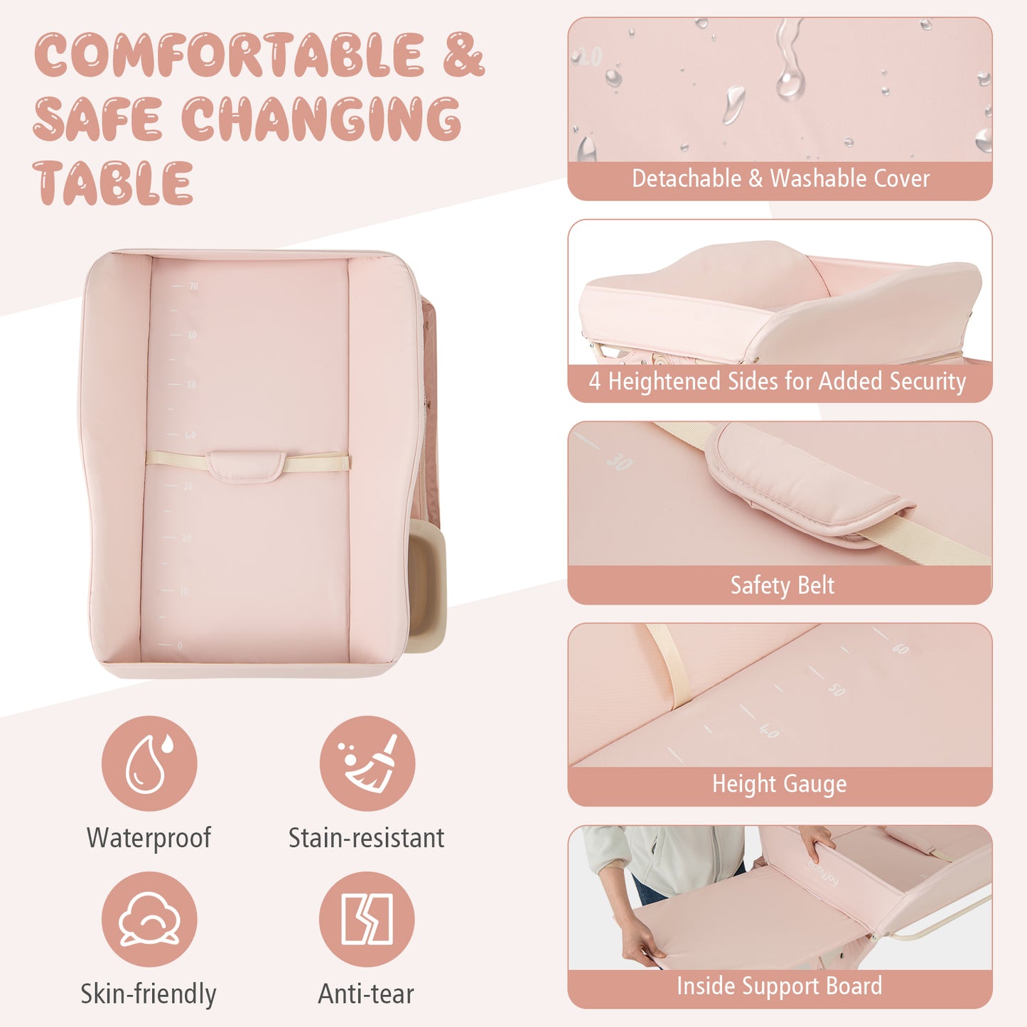 Pink Foldable Baby Changing Table | 3 Height Adjustable Wheels