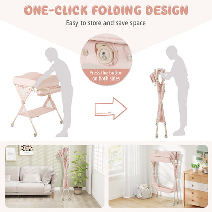 Pink Foldable Baby Changing Table | 3 Height Adjustable Wheels