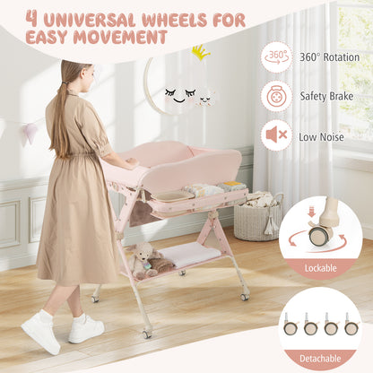 Pink Foldable Baby Changing Table | 3 Height Adjustable Wheels