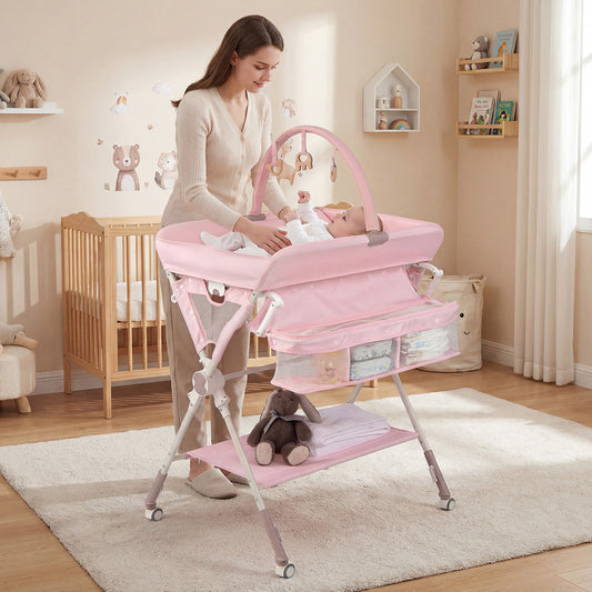Pink Baby Changing Table With Storage Bag & Adjustable Height