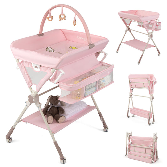 Pink Baby Changing Table With Storage Bag & Adjustable Height