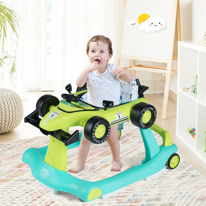Costway 4-in-1 Baby Walker Foldable Activity Car with 3 Heights and Washable Seat-Blue & Green