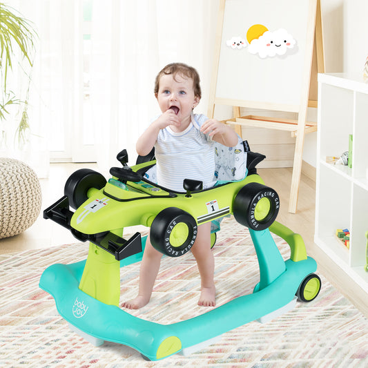 Costway 4-in-1 Baby Walker Foldable Activity Car with 3 Heights and Washable Seat-Blue & Green