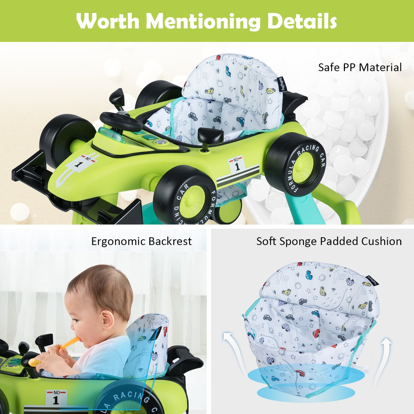4 In 1 Baby Walker | Blue & Green Foldable 3 Height Adjustable