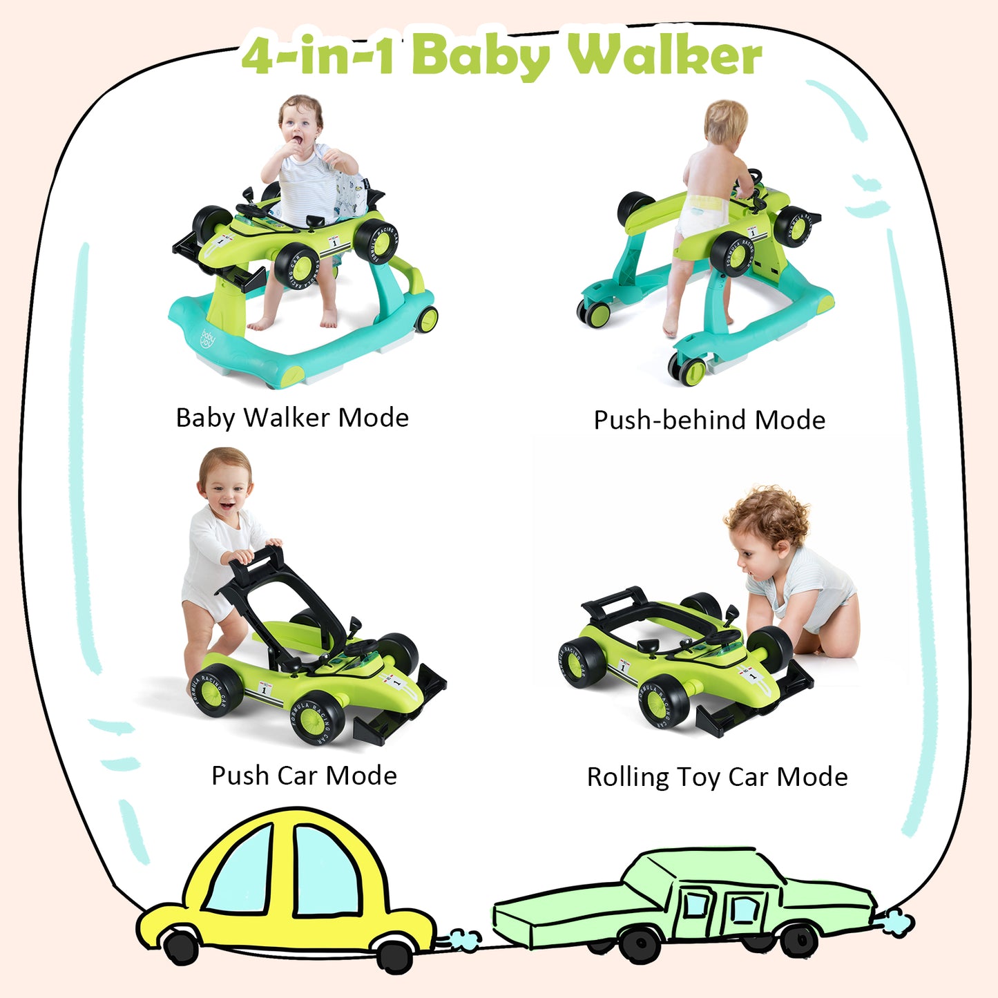 4 In 1 Baby Walker | Blue & Green Foldable 3 Height Adjustable