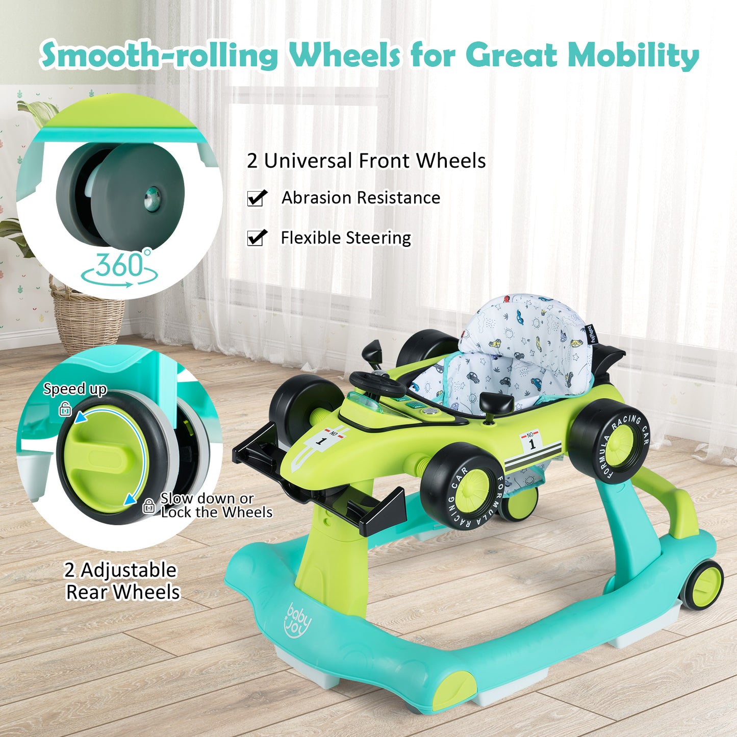 4 In 1 Baby Walker | Blue & Green Foldable 3 Height Adjustable