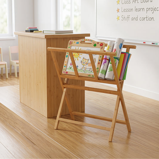Costway Bamboo Art Print Rack for Canvas Storage and Display for Studio Gallery-Natural