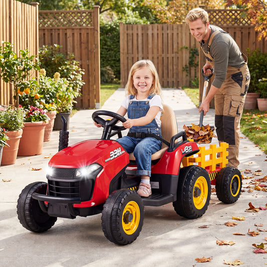 Costway 24V Ride on Tractor with Tiltable Detachable Trailer Remote and LED-Red