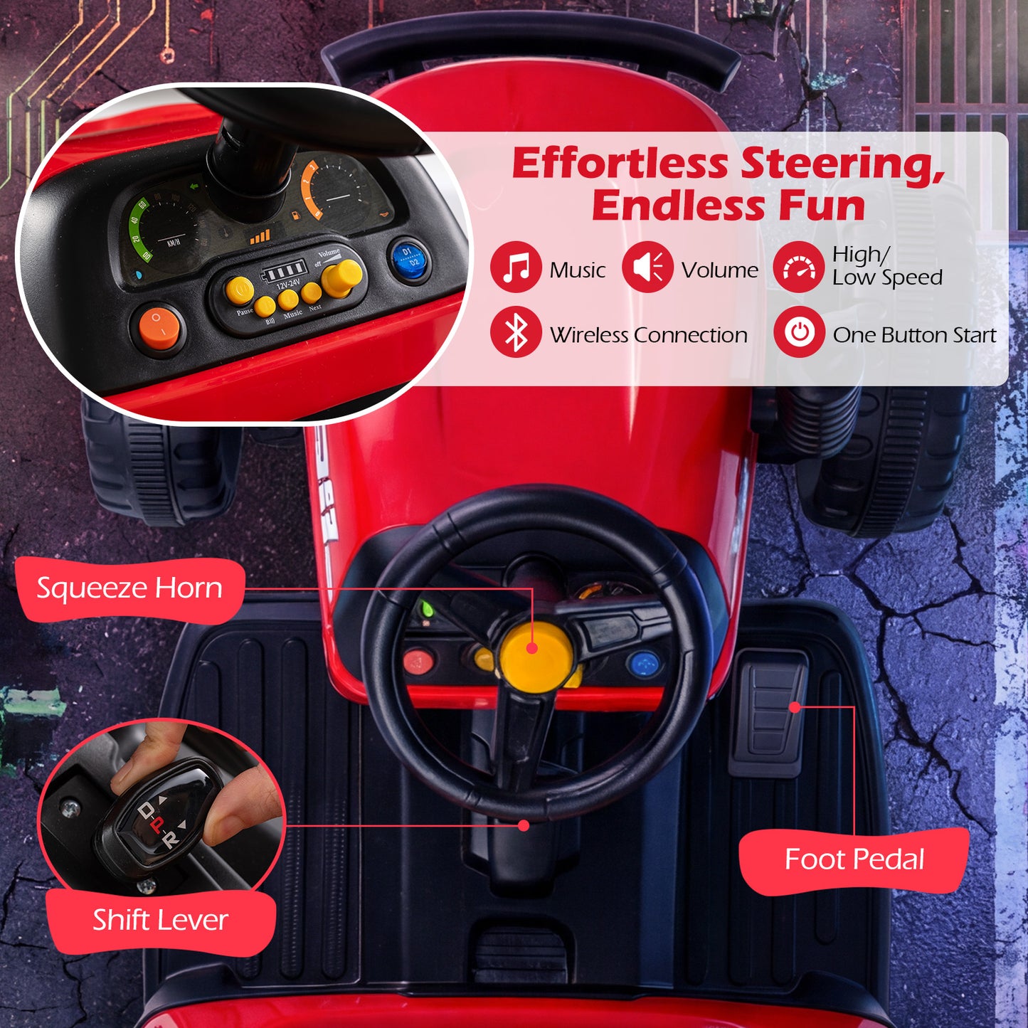 24V Kids Ride On Tractor with Trailer Remote LED Lights | Red