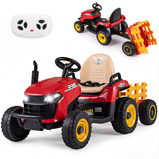 24V Kids Ride On Tractor with Trailer Remote LED Lights | Red