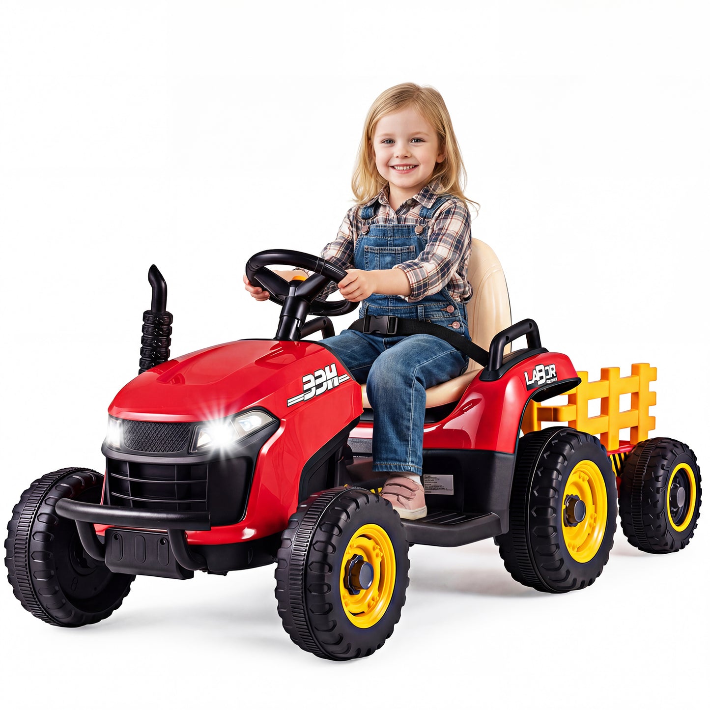 24V Kids Ride On Tractor with Trailer Remote LED Lights | Red