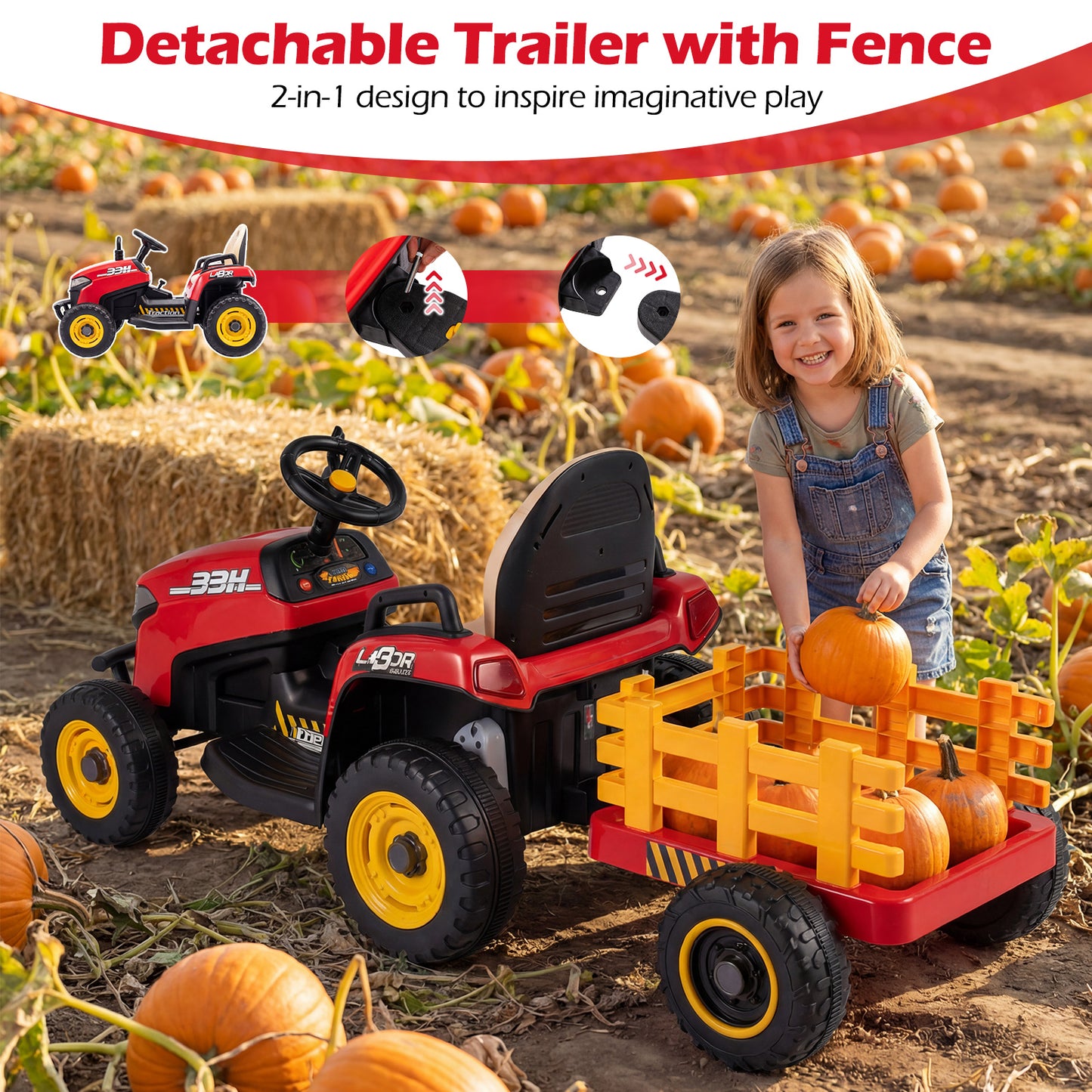 24V Kids Ride On Tractor with Trailer Remote LED Lights | Red